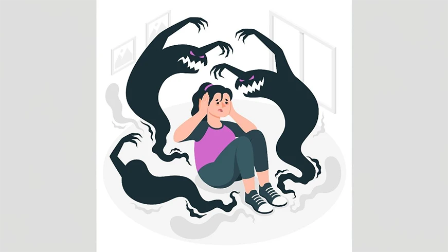 A girl sits on the floor with her hands over her ears, looking scared while surrounded by three shadowy, monstrous figures.